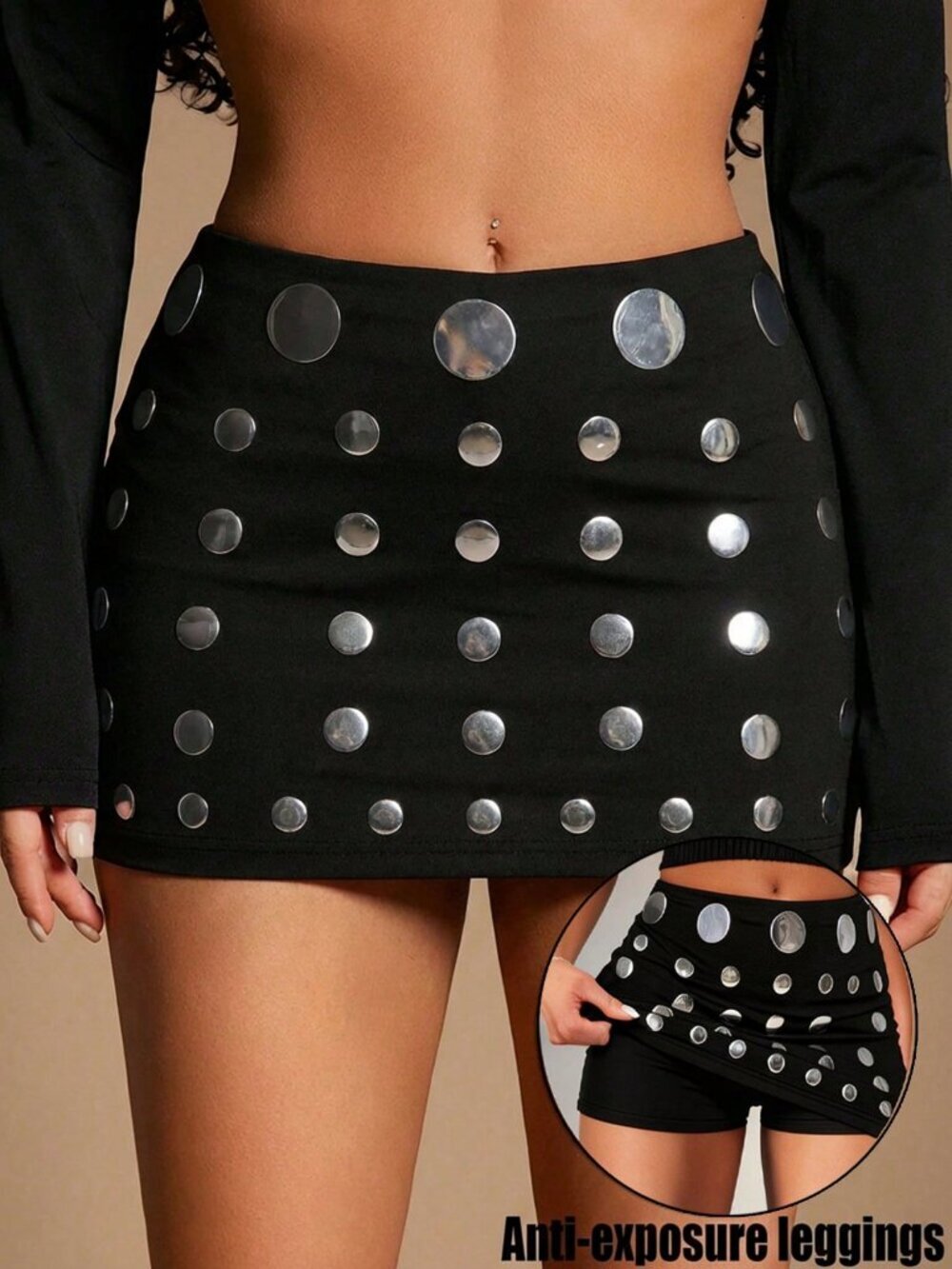 Black Sexy Women's metal Polka Dot Mini Bodycon Skirt - Picture 8 of 8